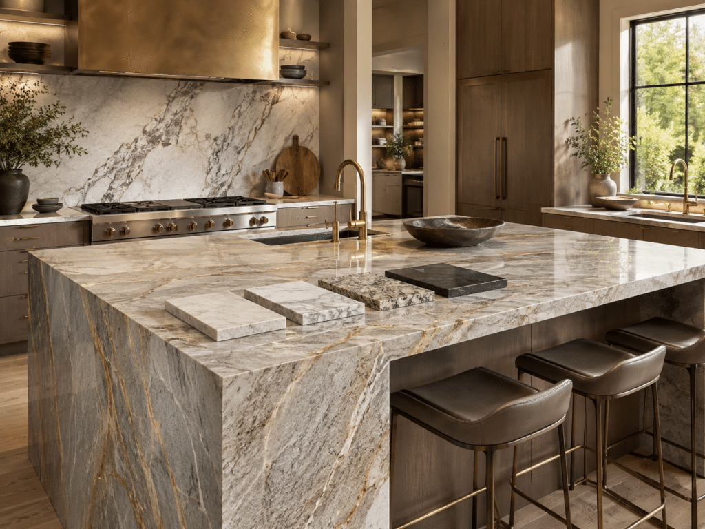 Luxurious kitchen with marble island, brass range hood, and leather stools in warm lighting