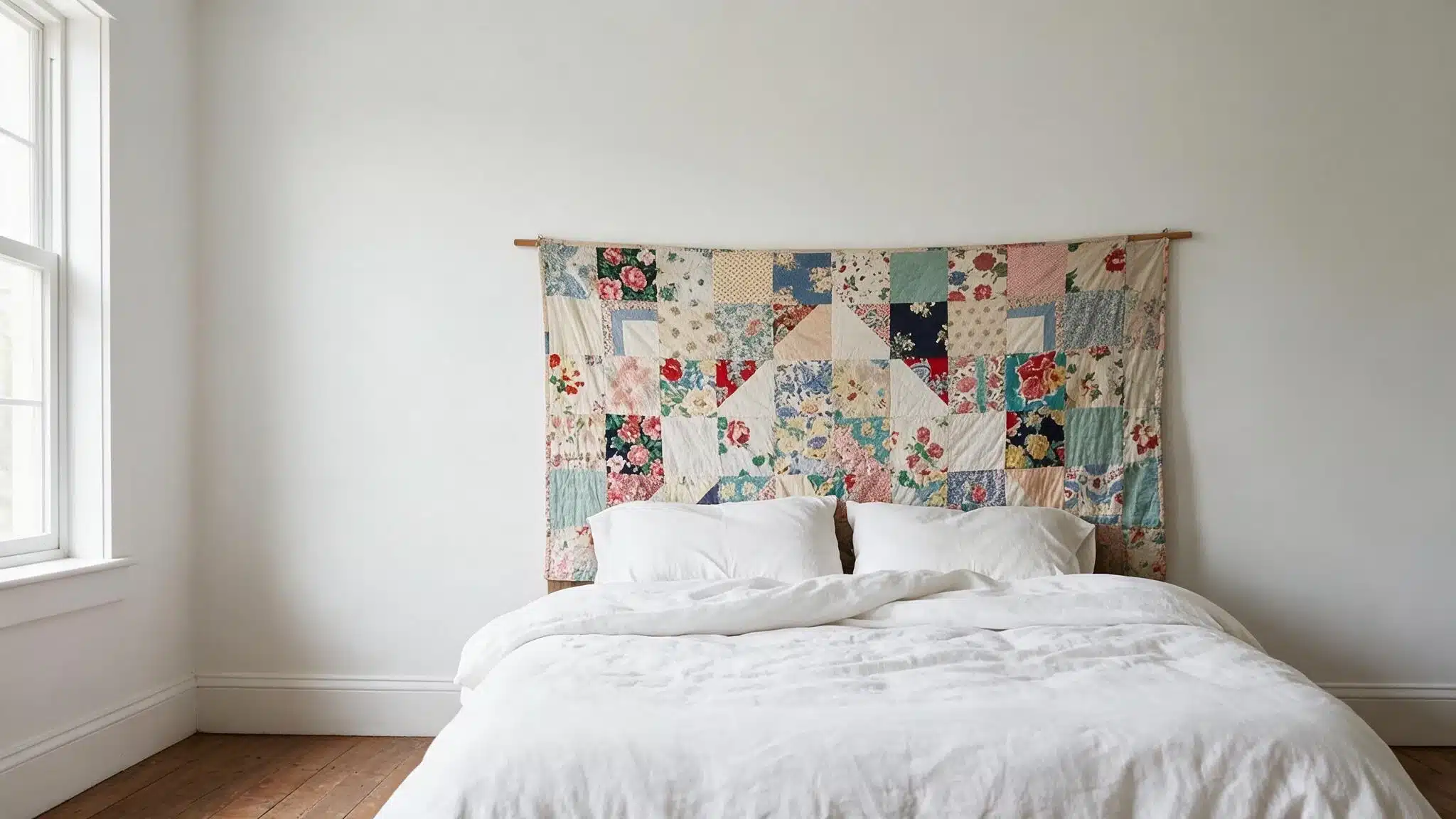 Colorful patchwork quilt displayed as a fabric headboard above a simple white bed
