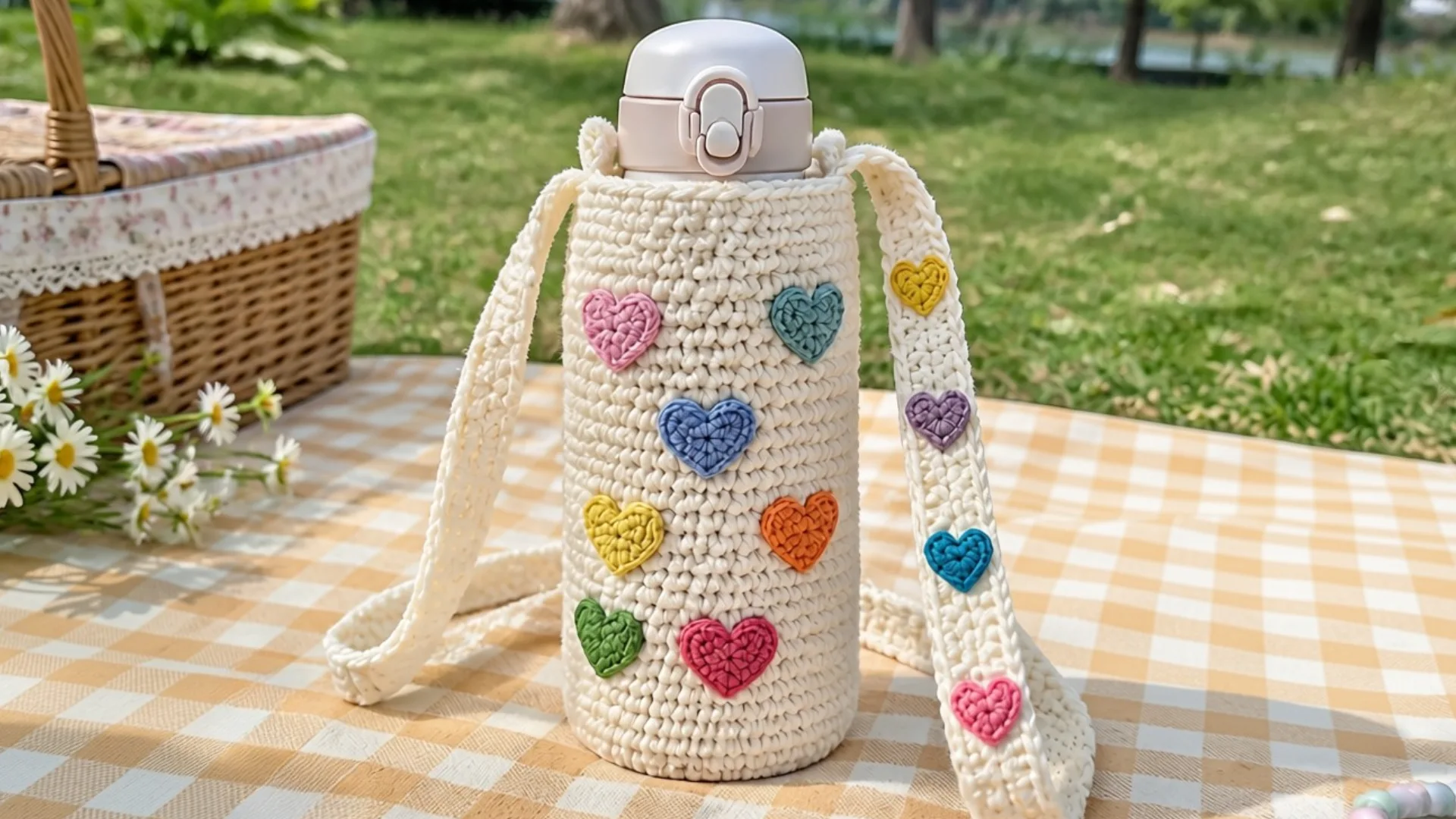 Cream <echighlighted><echighlighted>crochet water bottle holder</echighlighted></echighlighted> decorated with colorful heart appliques and a matching shoulder strap on a picnic table