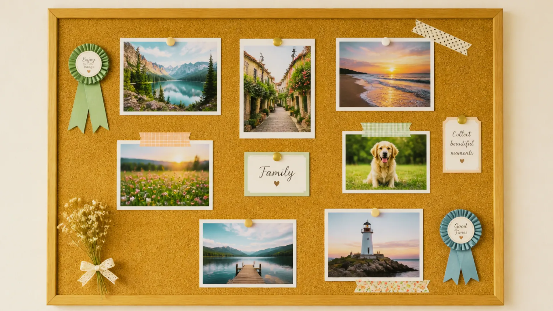 Cork memory board displaying scenic photos notes ribbons and keepsakes arranged with pins and decorative tape