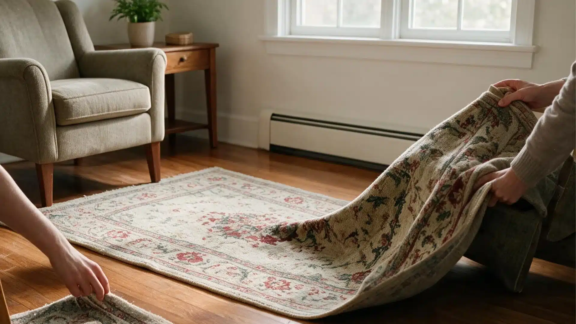 Two people lift and remove a patterned area rug from a hardwood living room floor