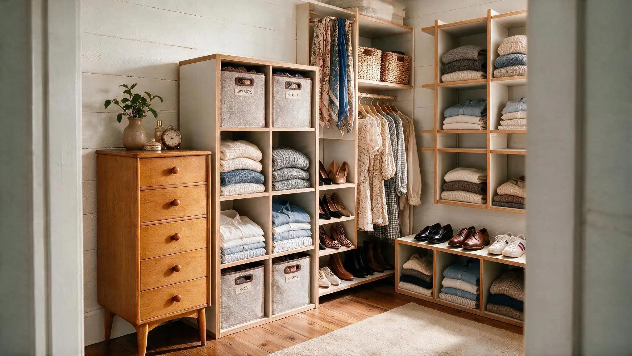 Budget walk in closet with narrow wood dresser cube shelving folded clothes baskets hanging dresses and shoe storage
