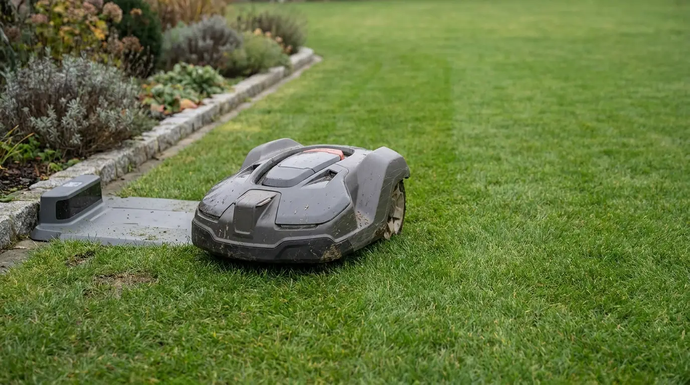 Robotic lawn mower on green grass near garden edge under overcast sky