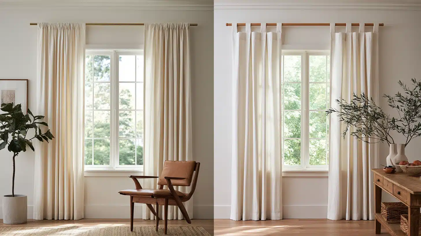 Side by side view of rod pocket and tab top white curtains hanging over bright windows