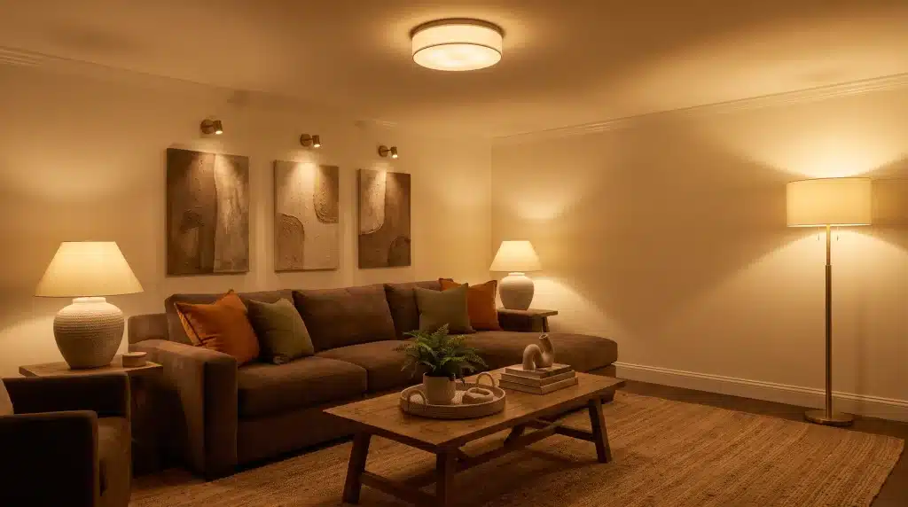 Cozy living room with brown sofa, warm lighting, and wooden coffee table with decor items