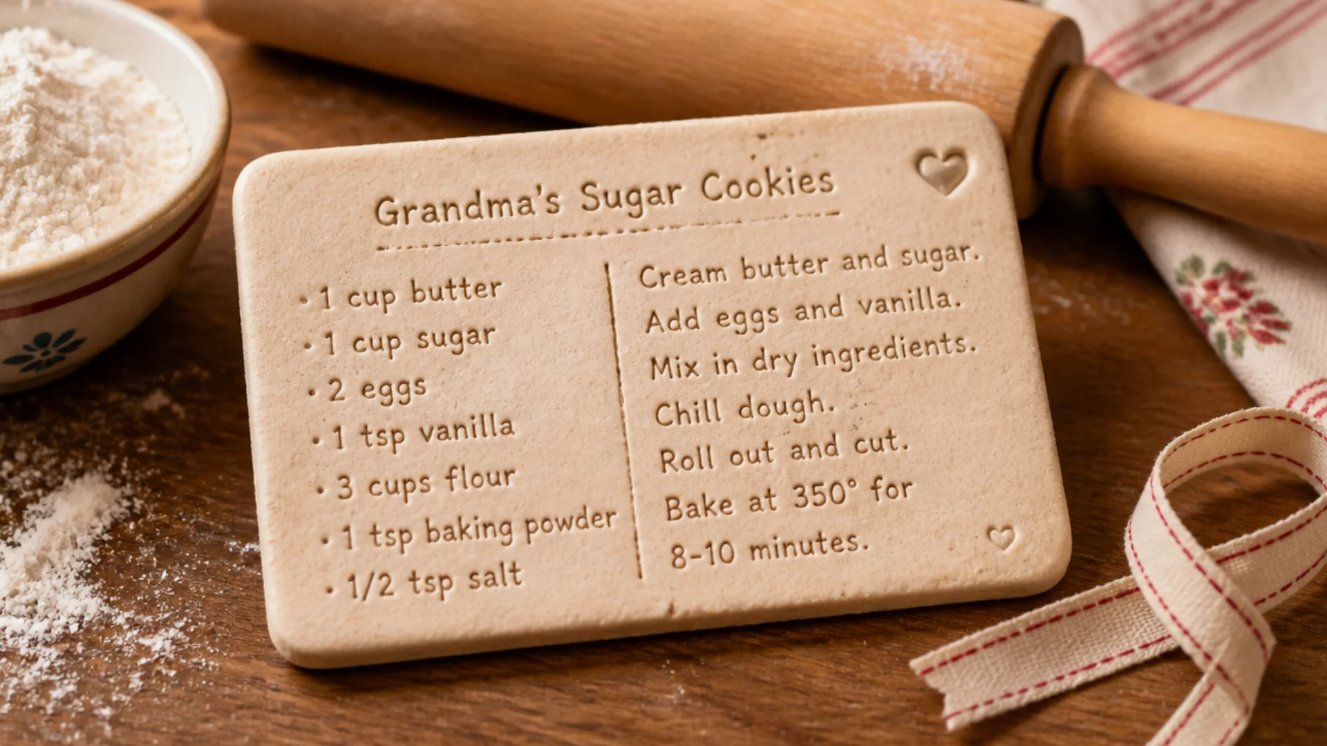Salt dough recipe card for Grandma’s sugar cookies displayed with flour and a wooden rolling pin