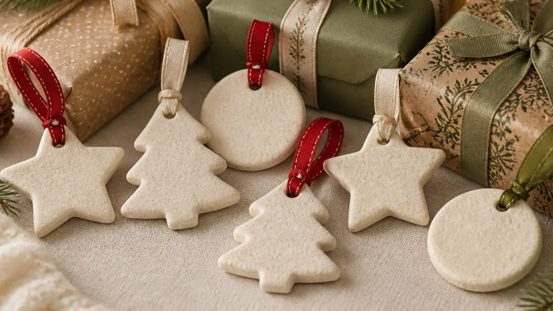 Salt dough Christmas ornament gift tags in star tree and round shapes displayed beside wrapped presents