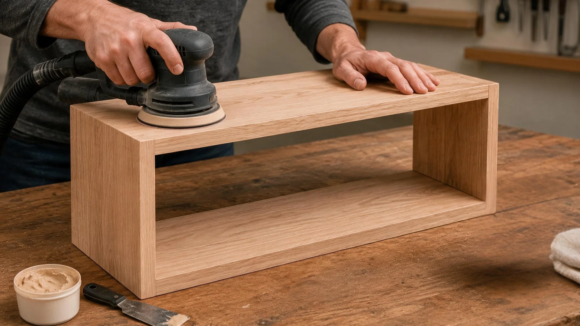 Hands sanding a wooden floating shelf box on a workbench before applying the final surface finish.