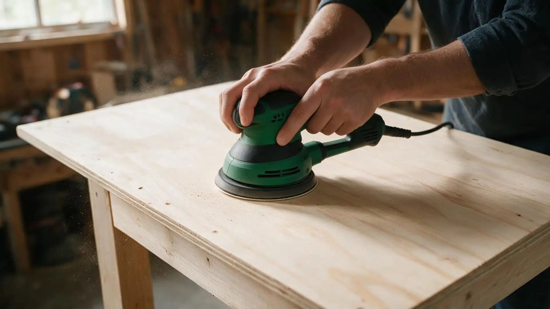 Hands sanding the plywood workbench top with an electric sander to smooth rough edges and corners.