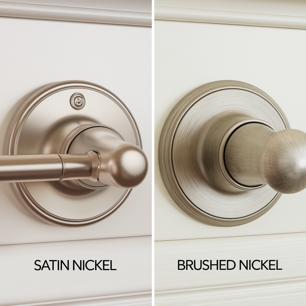 Side-by-side door hardware showing smooth satin nickel on the left and textured brushed nickel with visible grain on the right.
