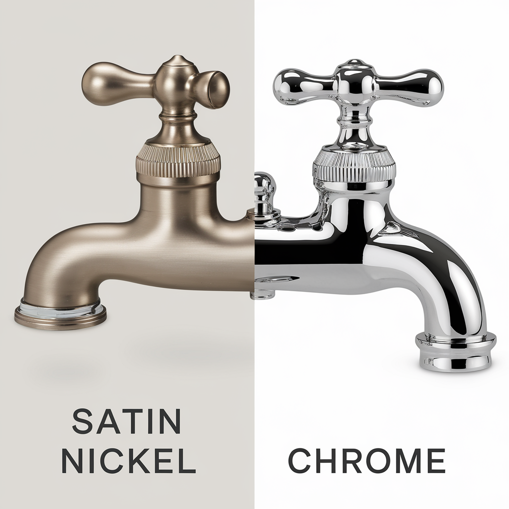 Side-by-side faucet comparison showing warm, muted satin nickel on the left and bright, reflective chrome on the right.