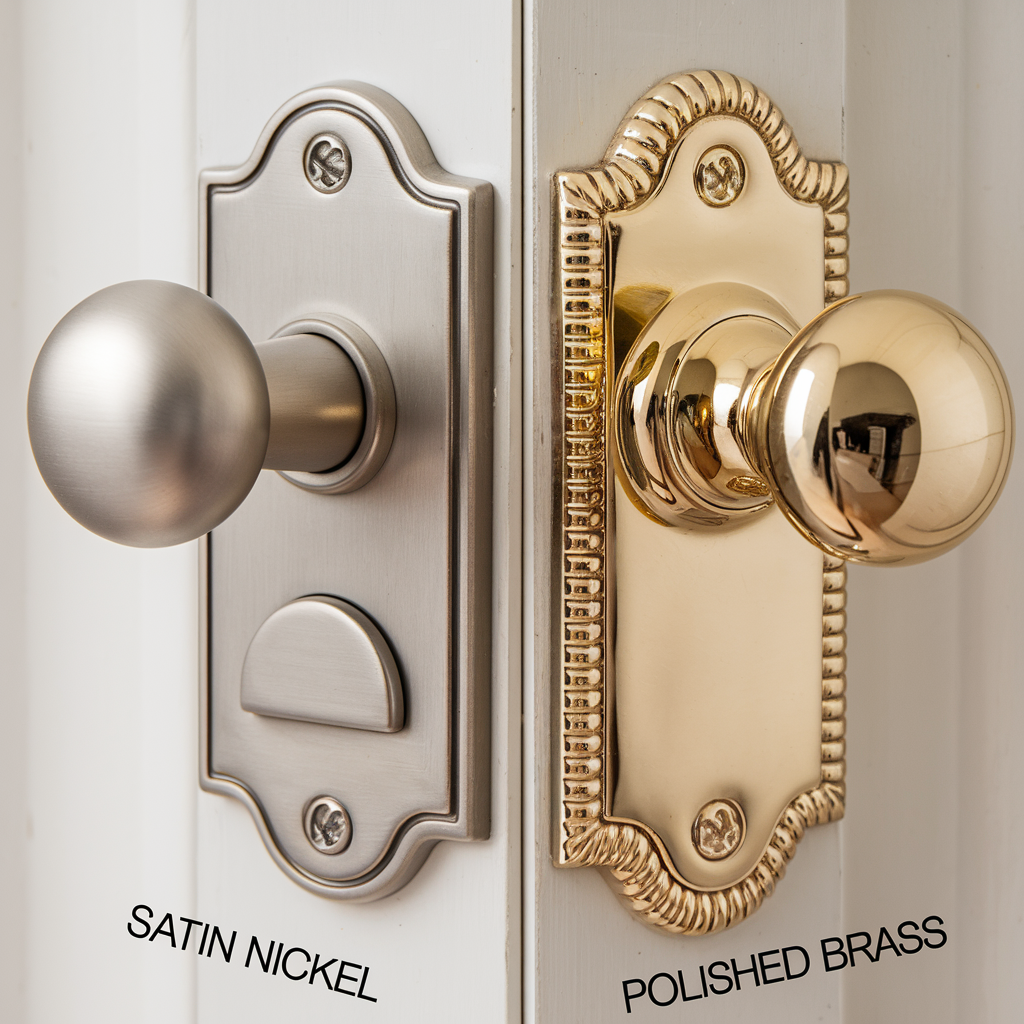 Side-by-side door knobs showing soft silver satin nickel on the left and bright, reflective golden polished brass on the right.