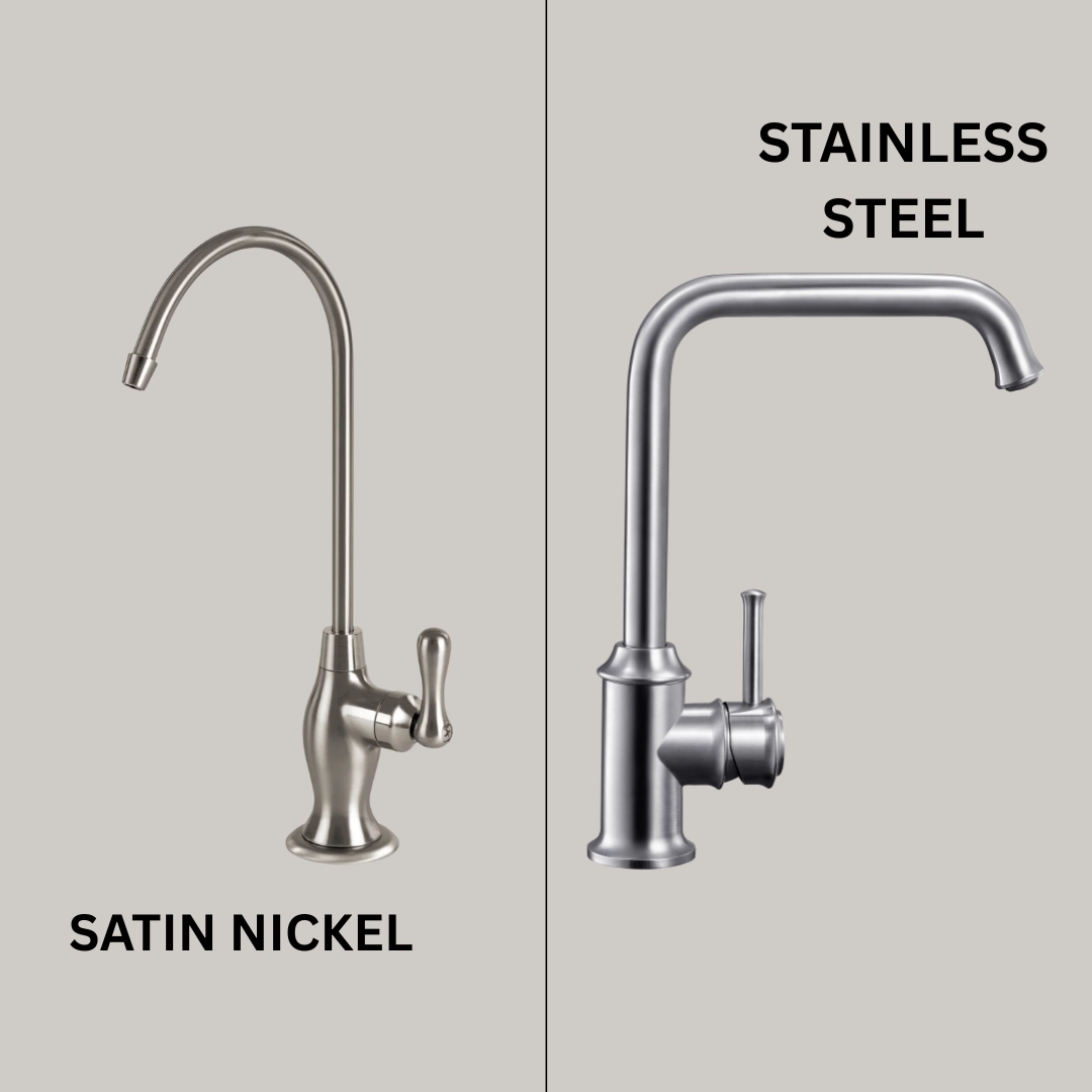 Side-by-side kitchen faucets comparing warm, muted satin nickel on the left with cooler, brighter stainless steel on the right.