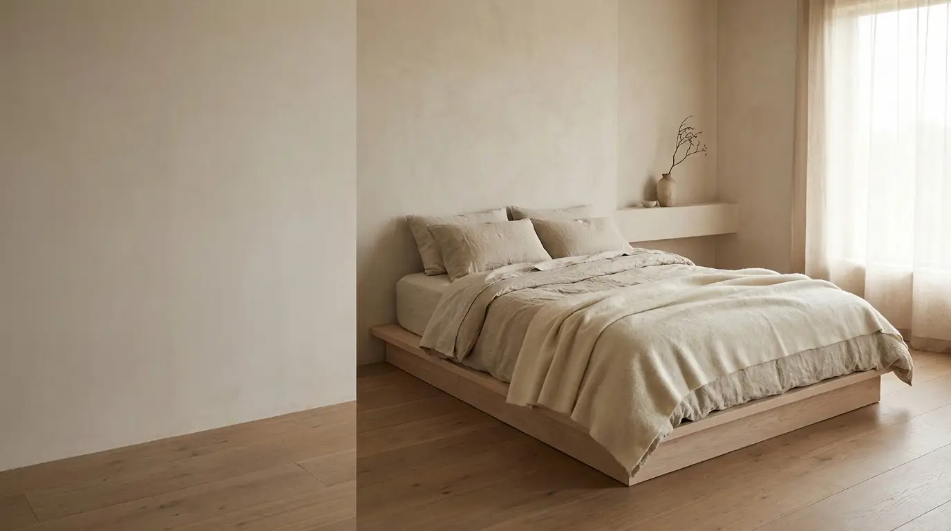 Minimalist bedroom with beige bedding on a low wooden bed frame in soft natural lighting