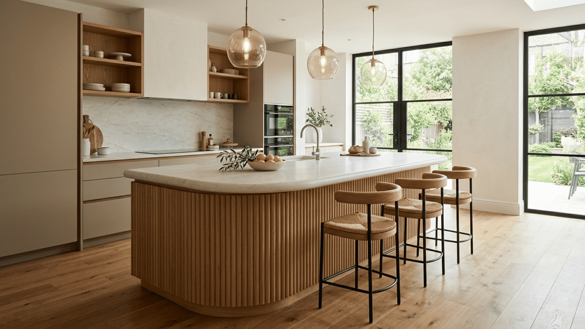modern kitchen with curved fluted wood island, pale stone top, glass pendants, and oak floors