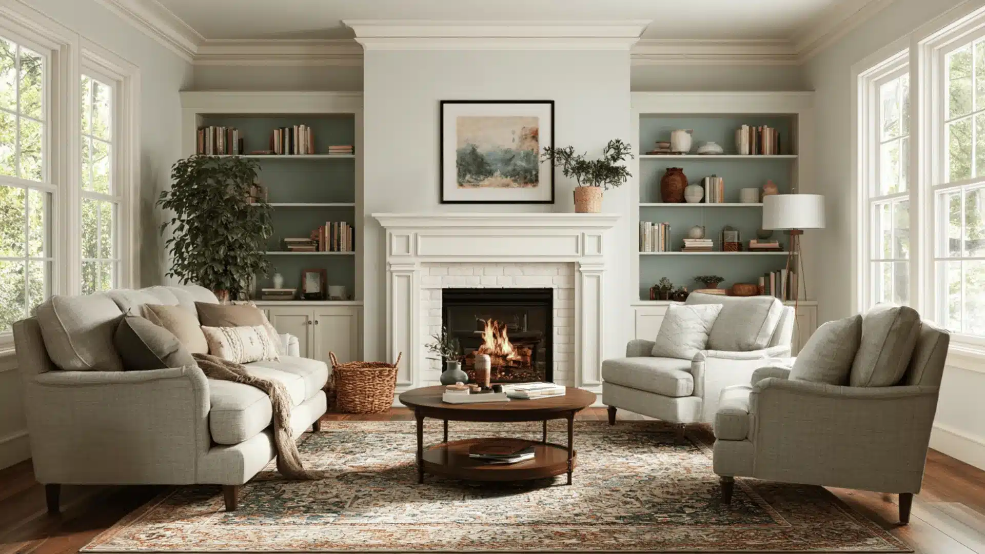 Bright living room with a fireplace, three upholstered chairs, a sofa, coffee table, bookshelves, plants, and large windows.