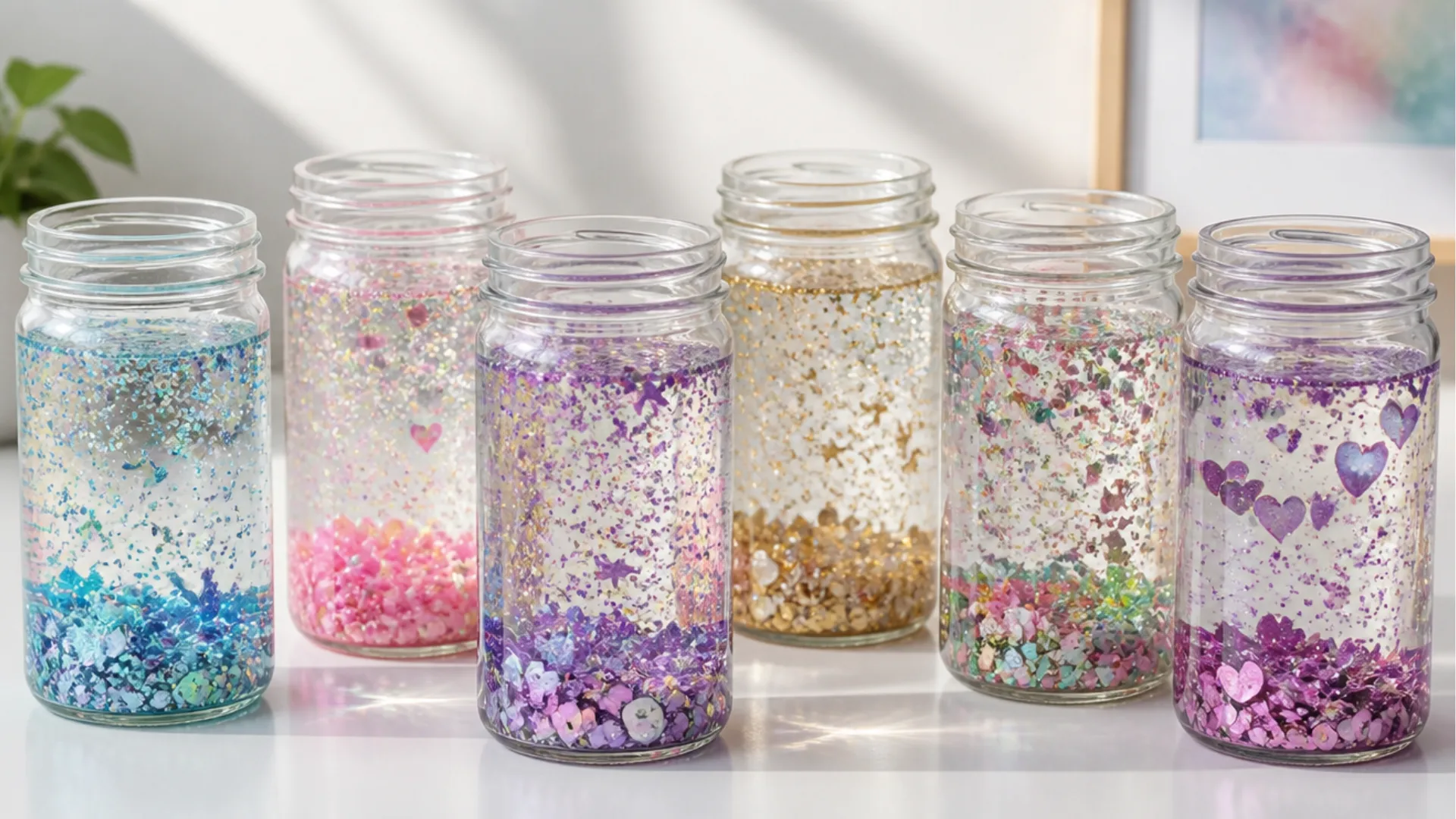 Colorful sensory calm down jars filled with glitter hearts stars and sequins arranged on a white surface