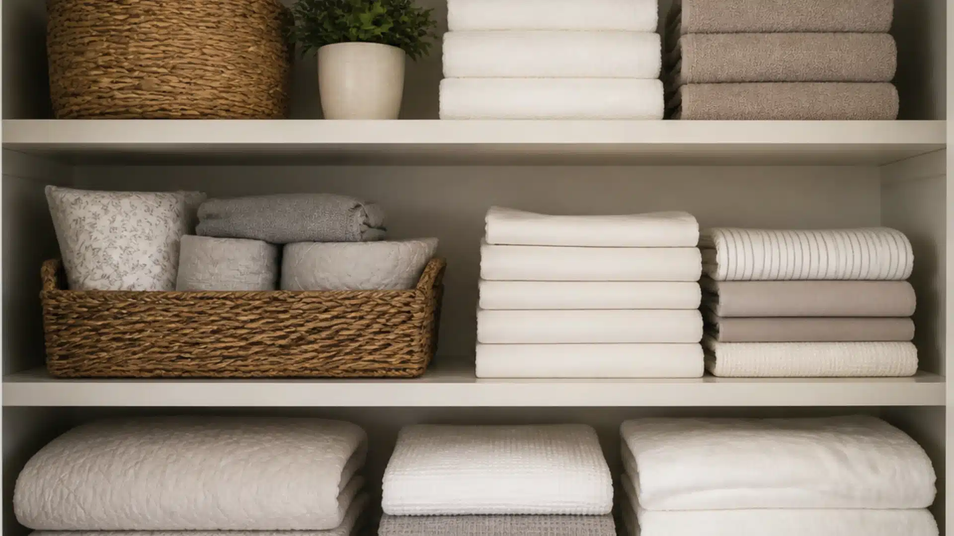 Guest towels and bedding stored together in a separate section of an organized linen closet.