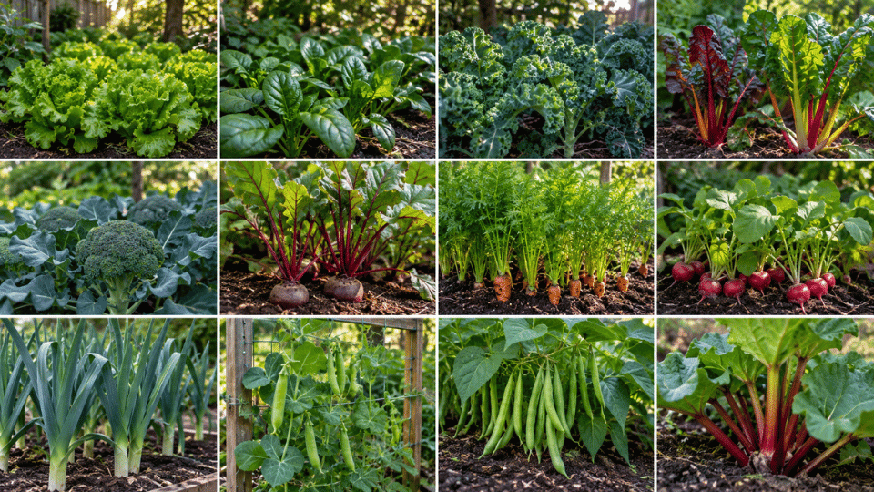 collage of shade-tolerant vegetables growing in partially shaded garden beds