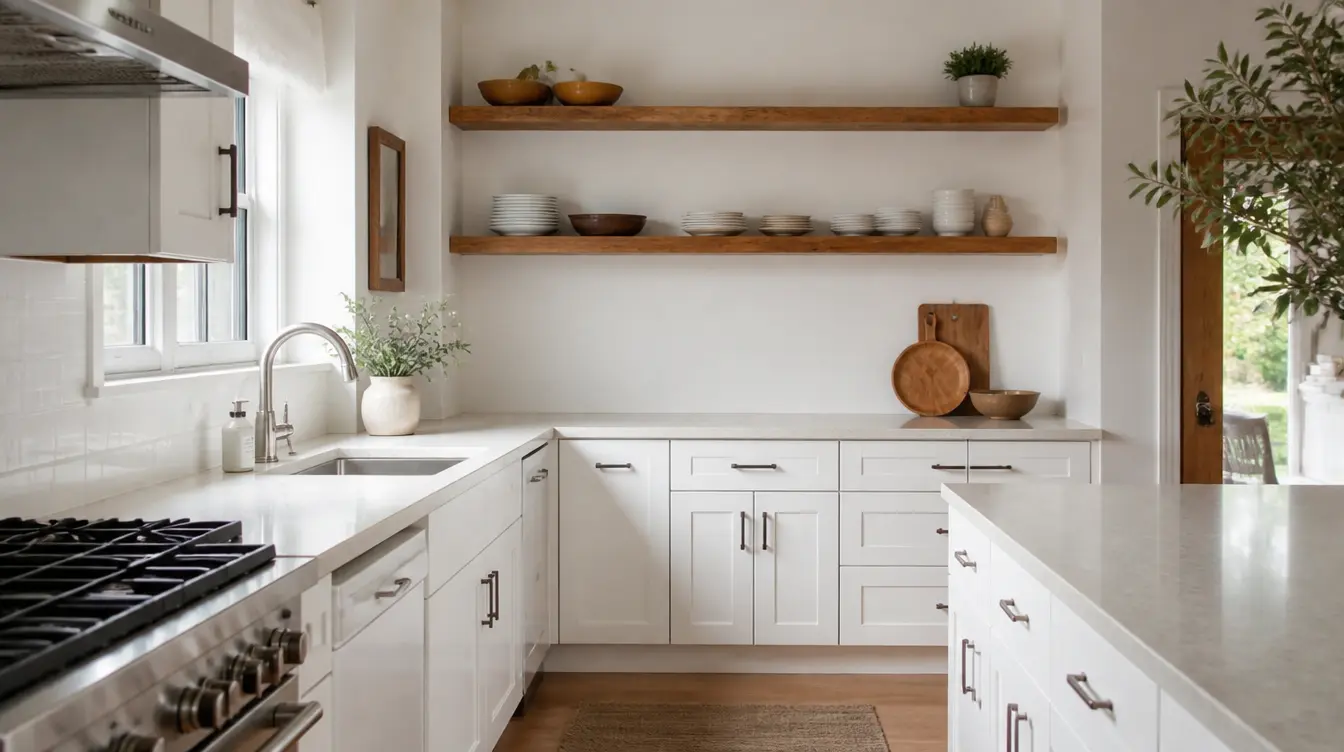Modern farmhouse kitchen with white shaker cabinets open wood shelving and white countertops beneath natural light.