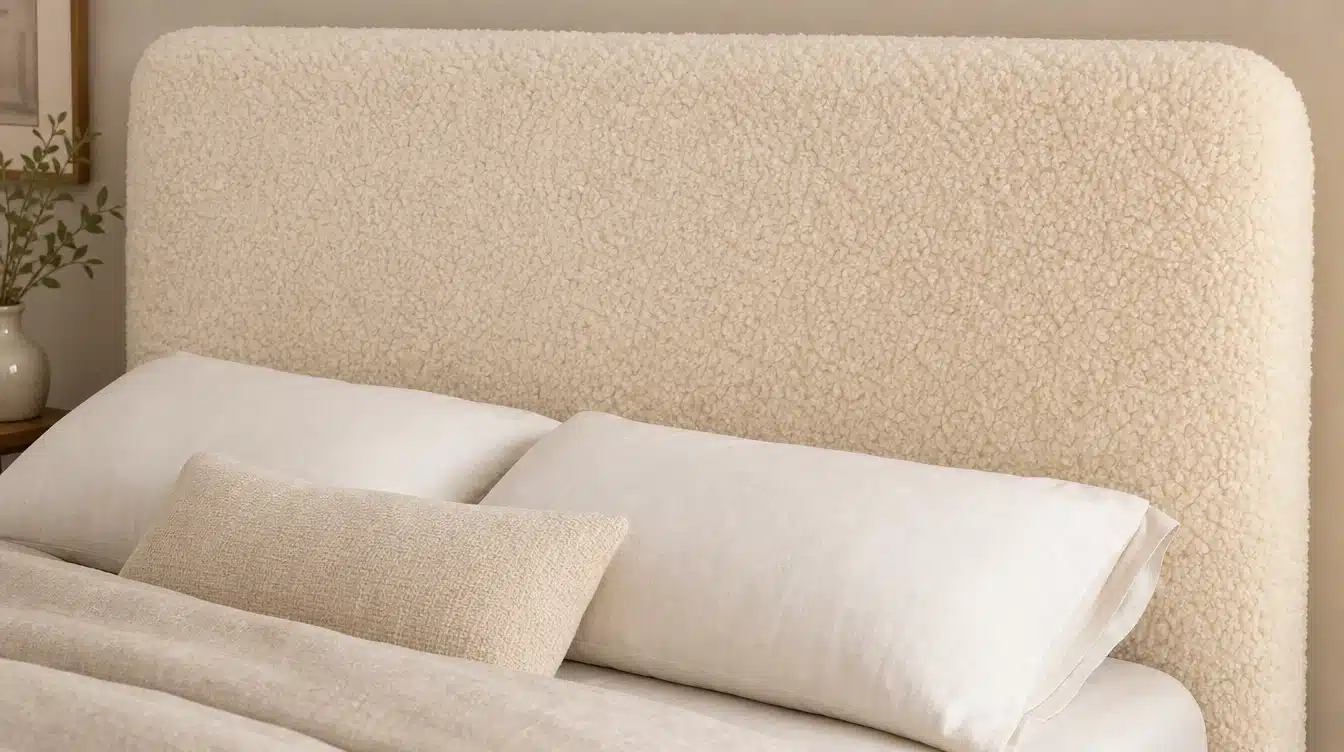 Plush cream shearling headboard with soft textured surface behind neutral pillows and bedding