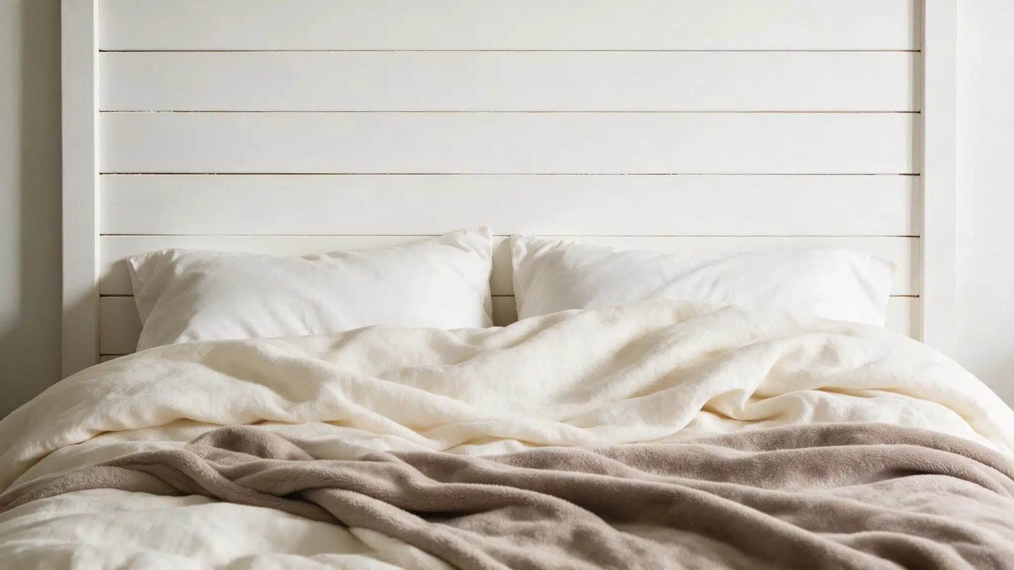 White shiplap headboard with horizontal boards behind layered cream and white bedding