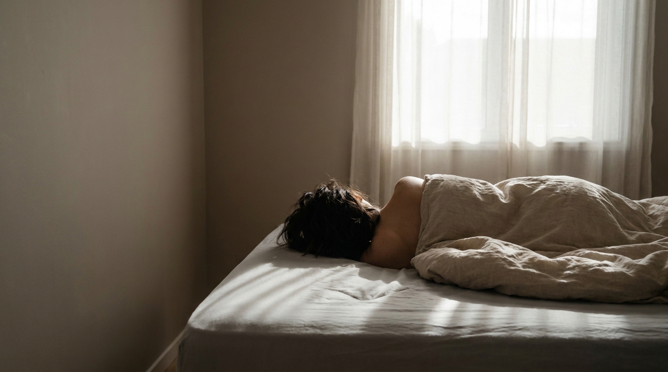 Person sleeping under beige blanket in softly lit bedroom with sheer curtains