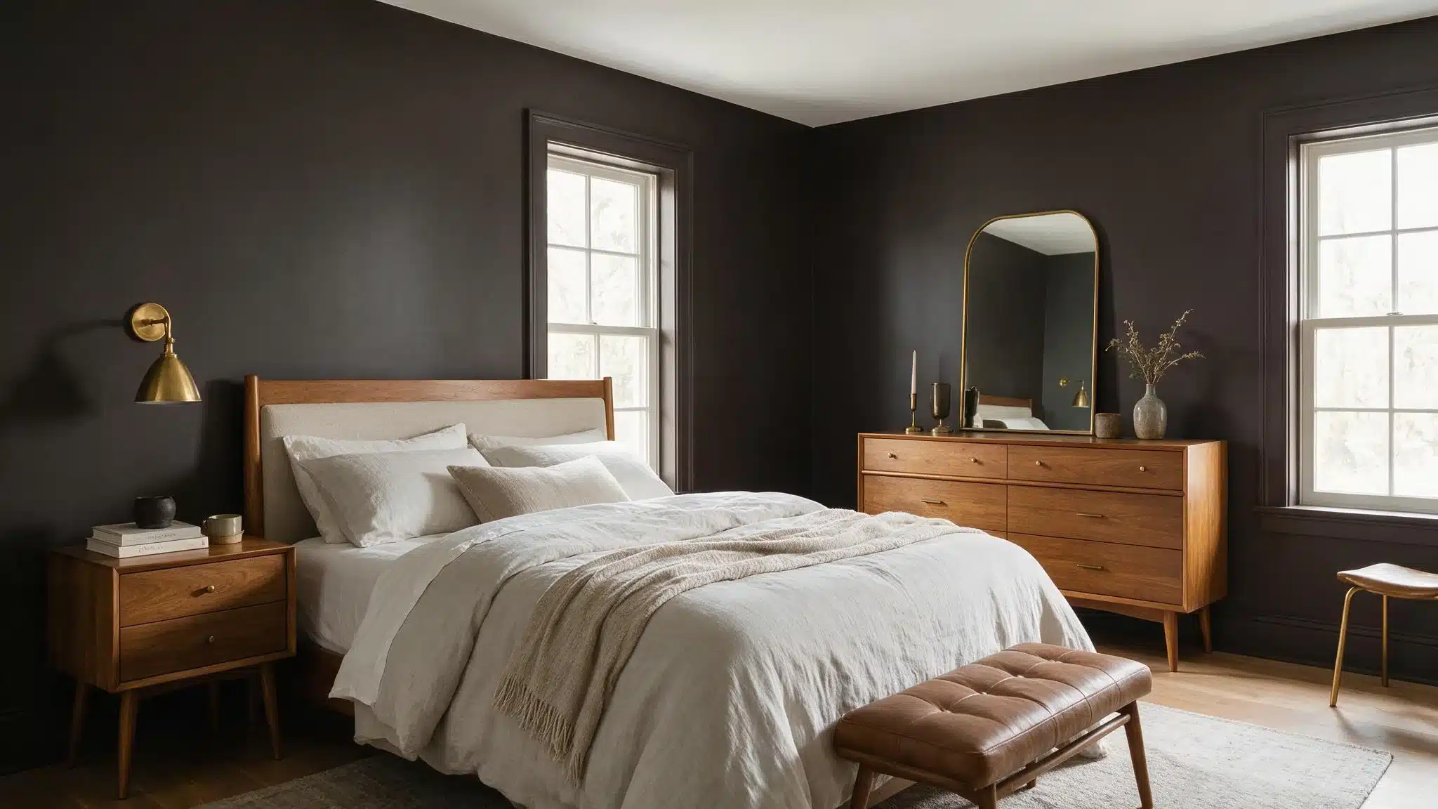 A cozy bedroom featuring dark walls and a wooden bed, creating a warm and inviting atmosphere.