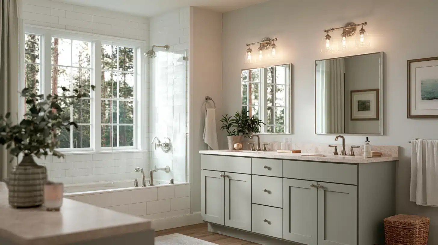 Bright bathroom with a double-sink vanity, two mirrors, a bathtub beneath large windows, framed artwork, towels, and a plant.