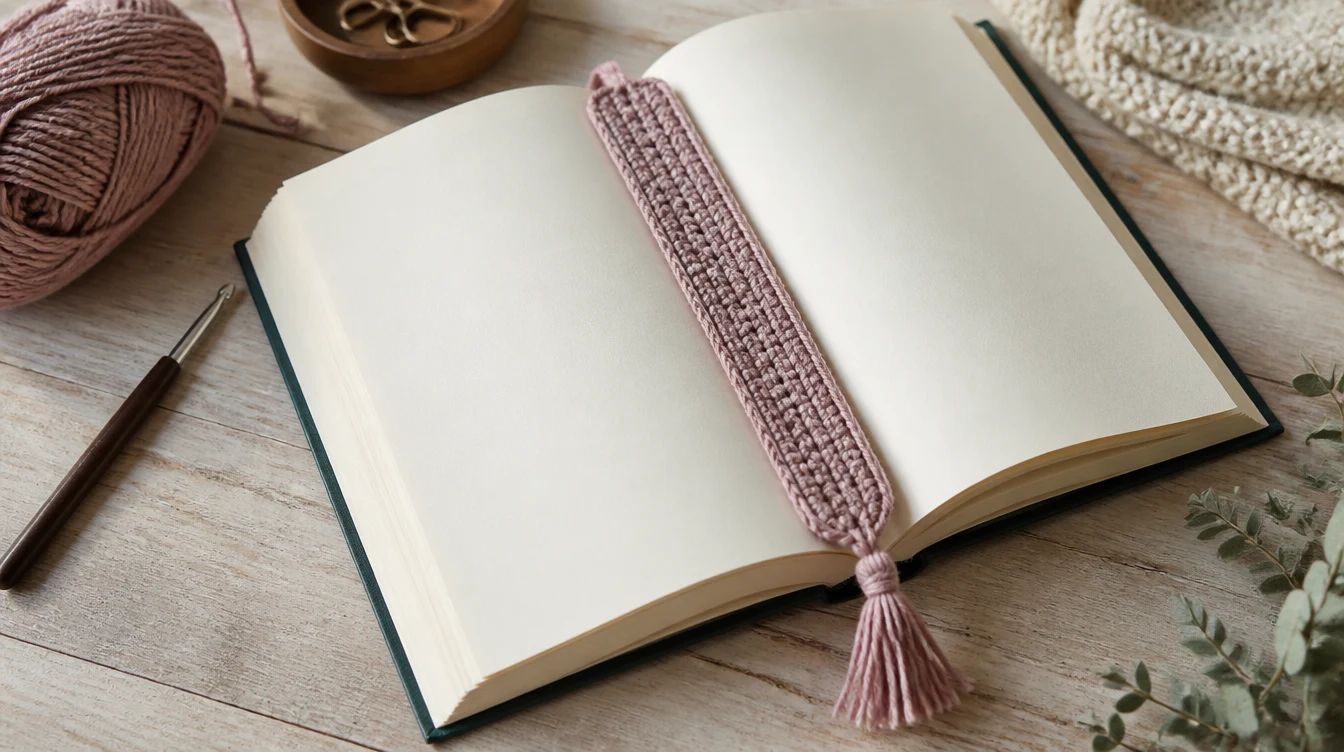 An open blank notebook with a pink knitted bookmark and tassel on a wooden table, surrounded by yarn, a pen, and fabric.