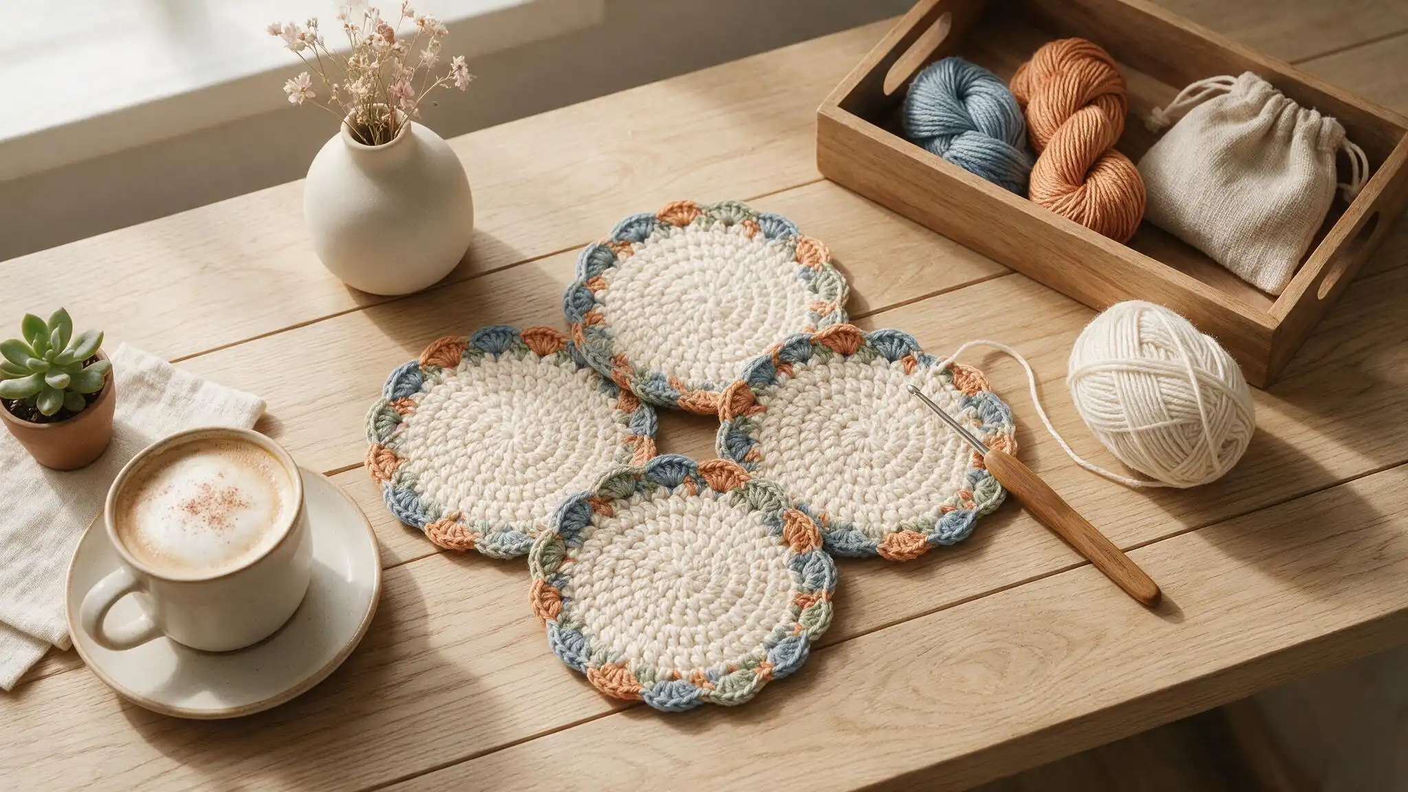 Crochet coasters on a wooden table alongside a cup of coffee and colorful yarn balls.