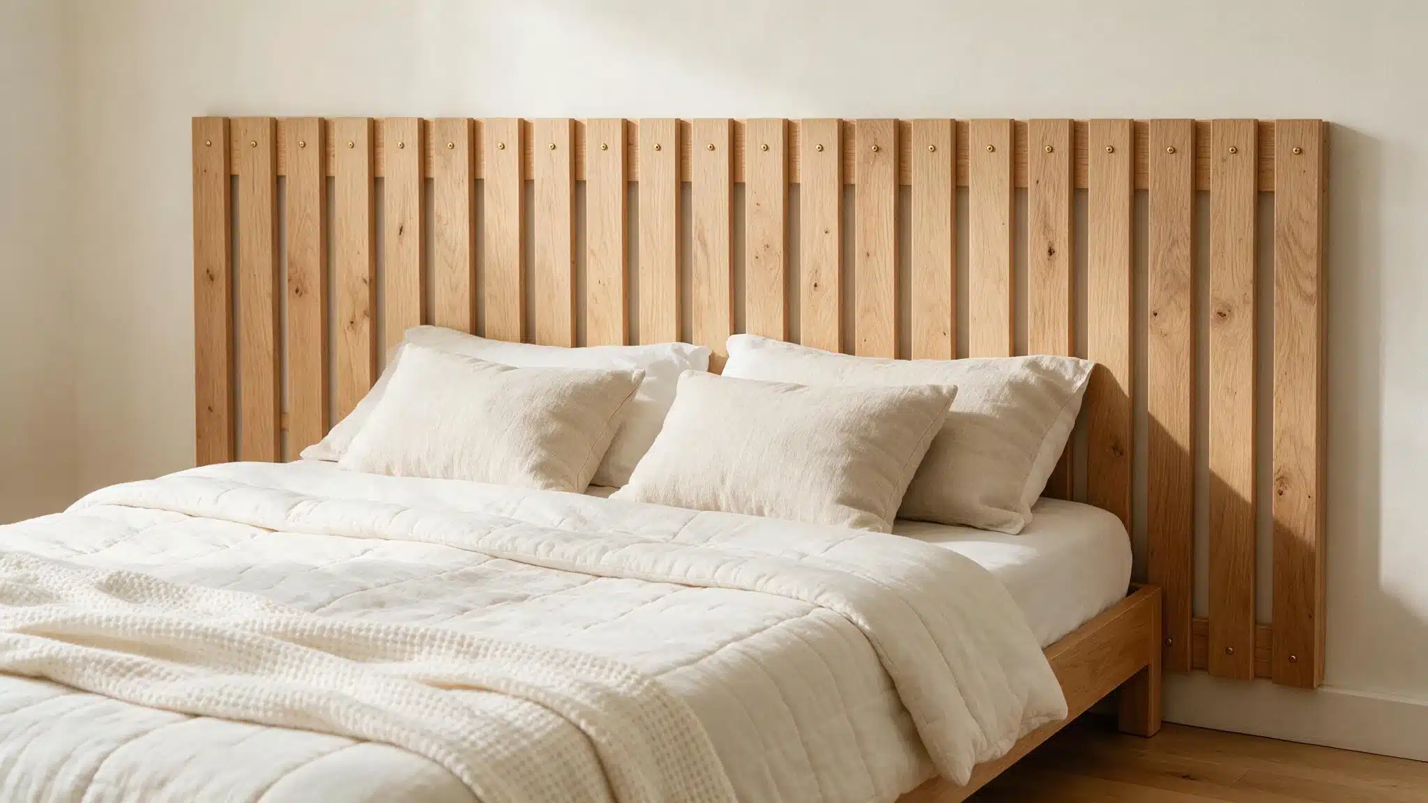 A bed with white bedding and pillows sits against a headboard made of vertical light wood planks.