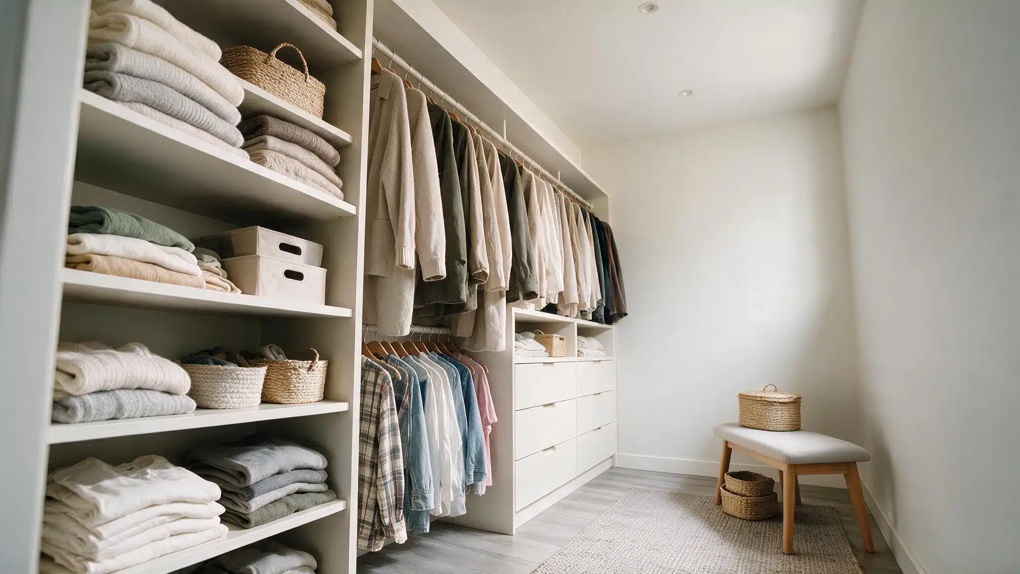 Small walk in closet with white shelves double hanging rods folded clothes woven baskets drawers and a small bench