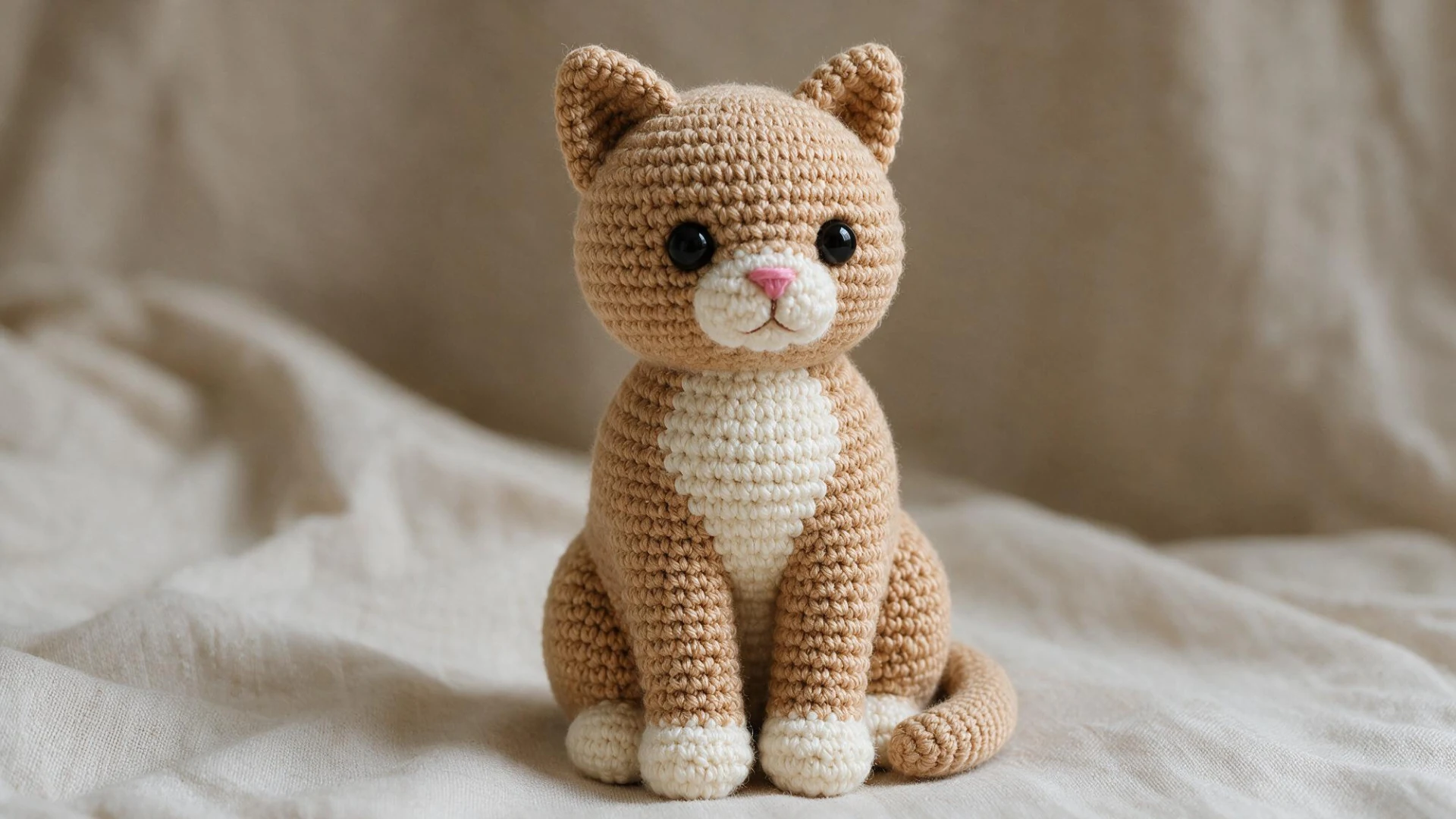 Sitting tan crochet cat with white chest and paws upright body pointed ears black eyes pink nose and curled tail.
