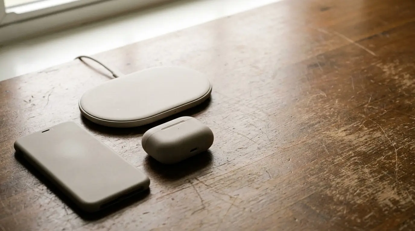 Wireless charging pad, phone case, and earbuds on rustic wooden table in natural light