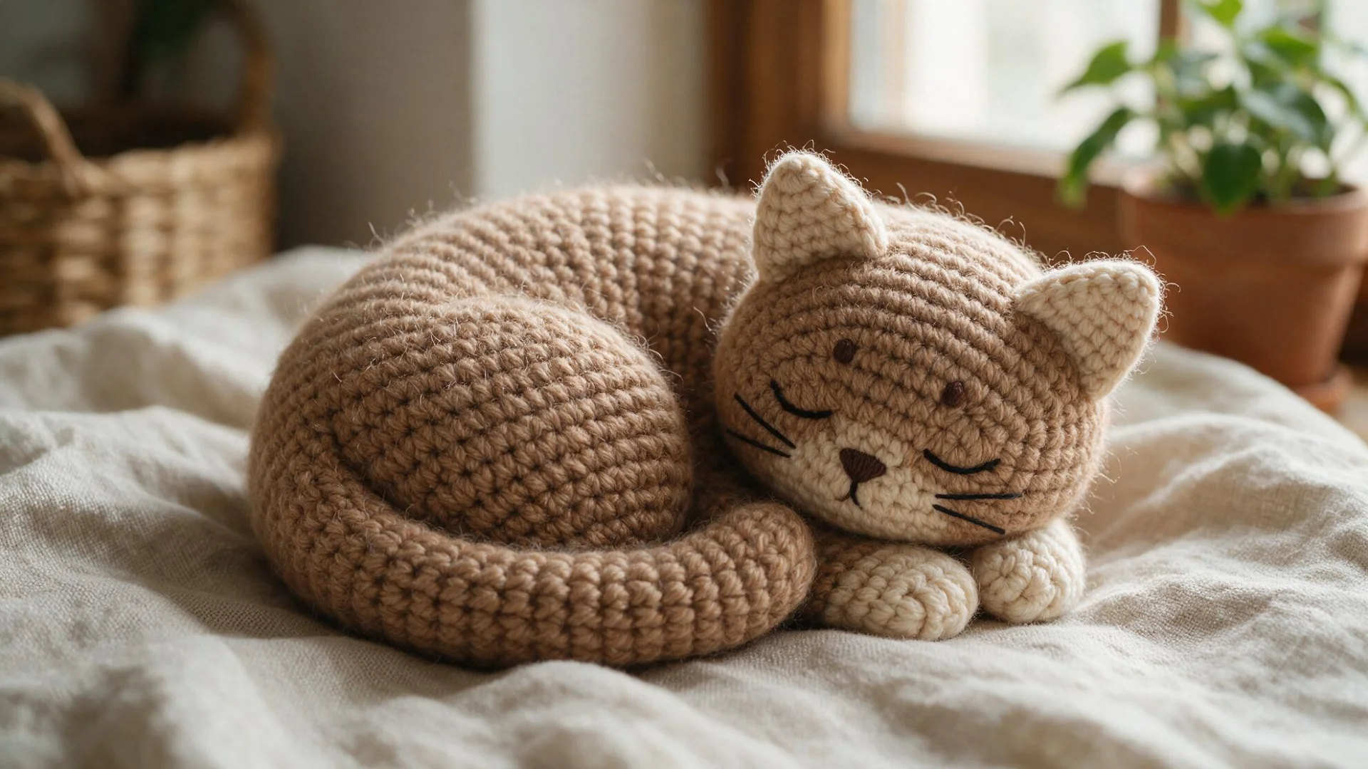 Sleeping brown crochet cat curled on a beige blanket with closed eyes cream paws pointed ears and a wrapped tail.