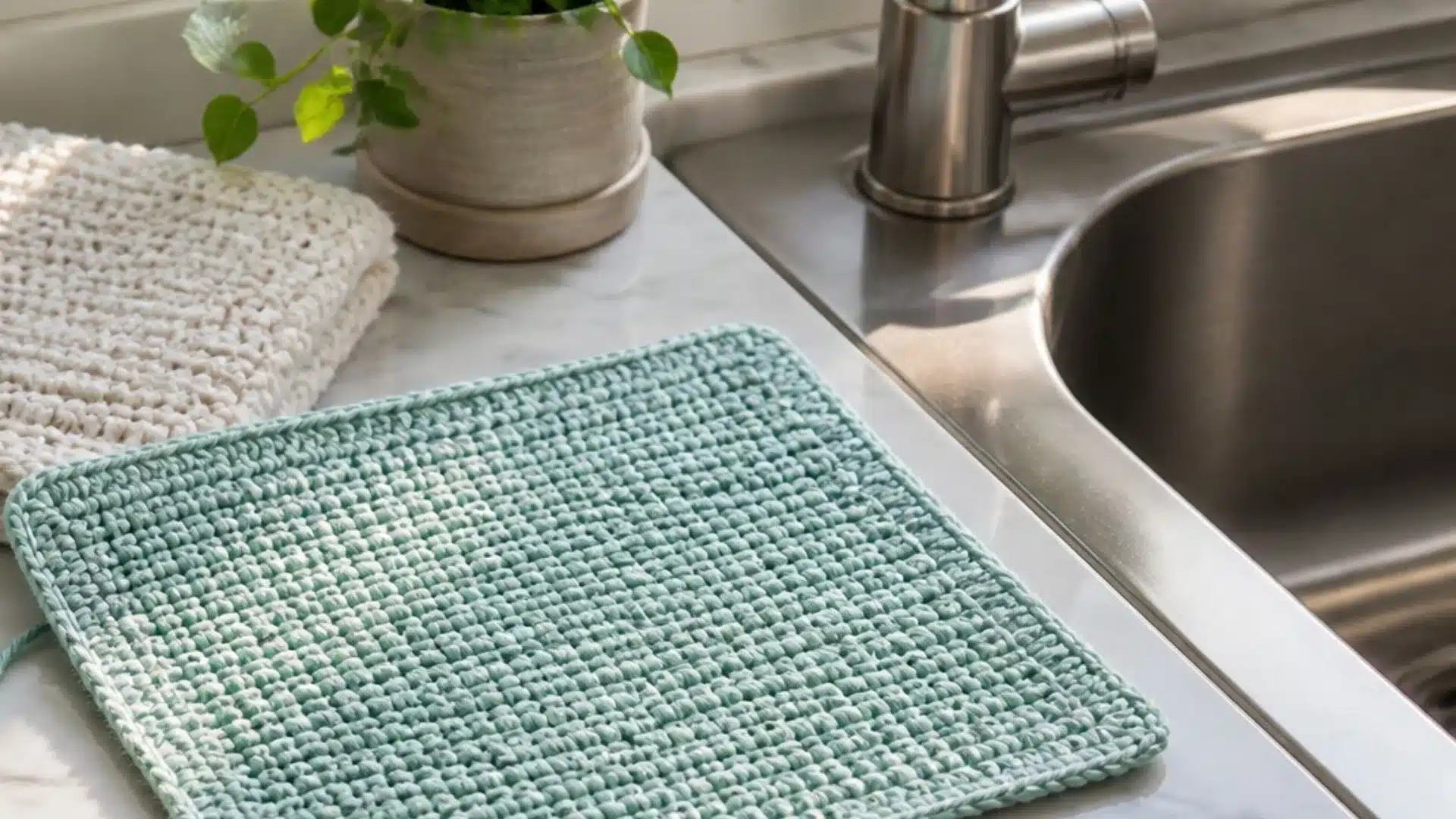 A kitchen sink featuring a crocheted dishcloth and a small potted plant beside it.