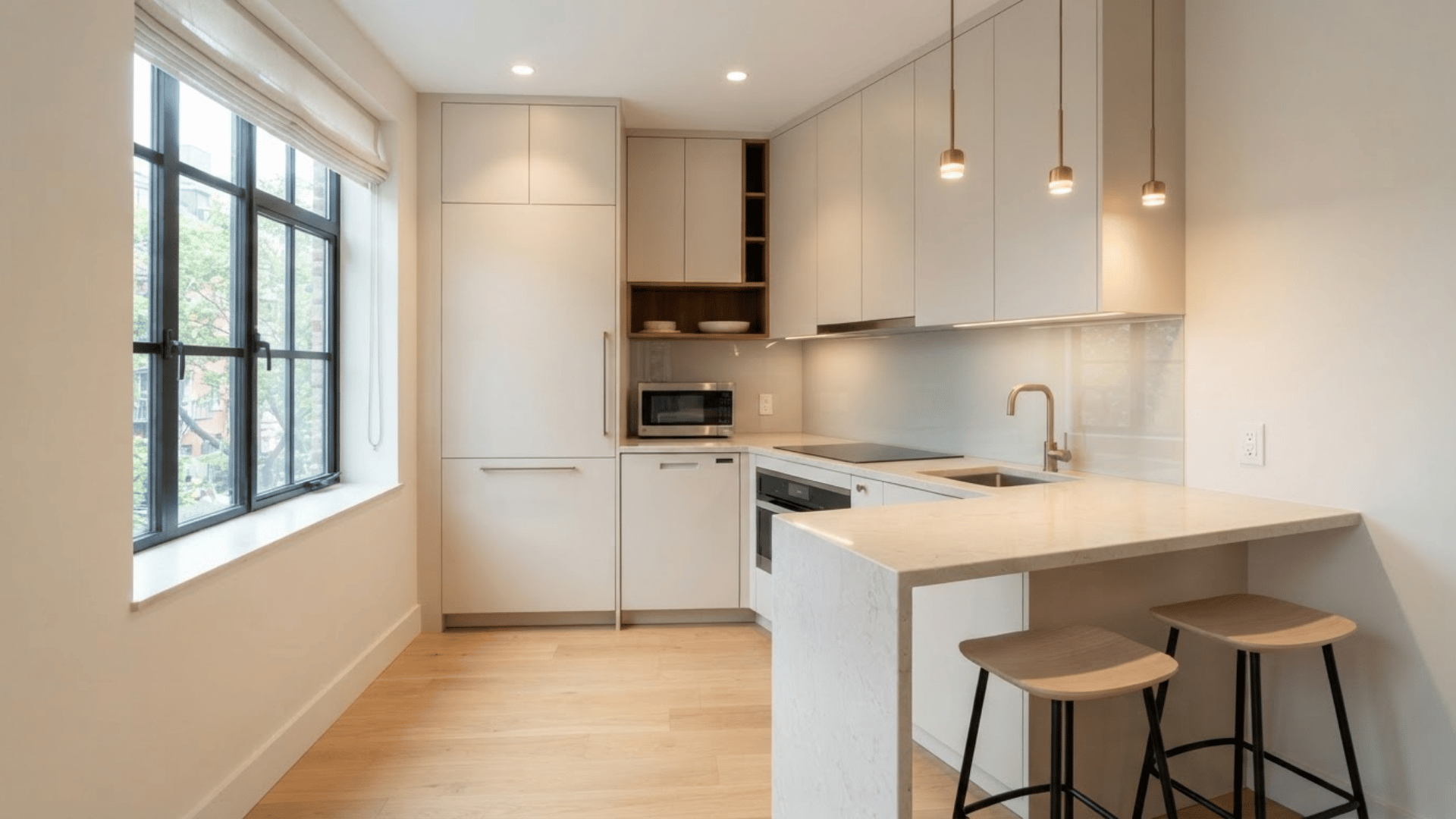 small white luxury kitchen with slim peninsula, wood stools, soft lighting, and tall cabinets