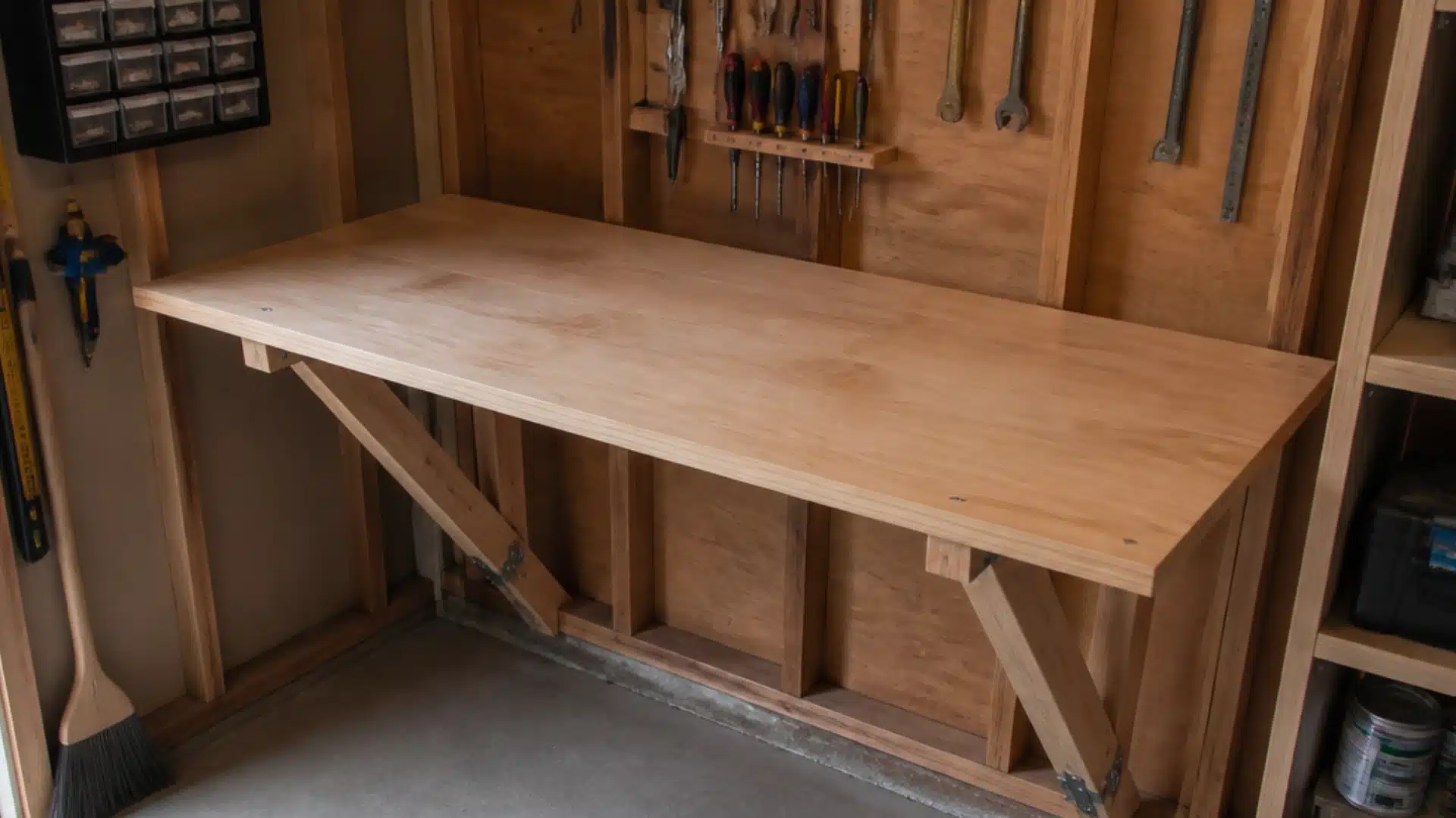 Wooden workbench with angled supports in a workshop, surrounded by hand tools, storage bins, a broom, and paint cans.
