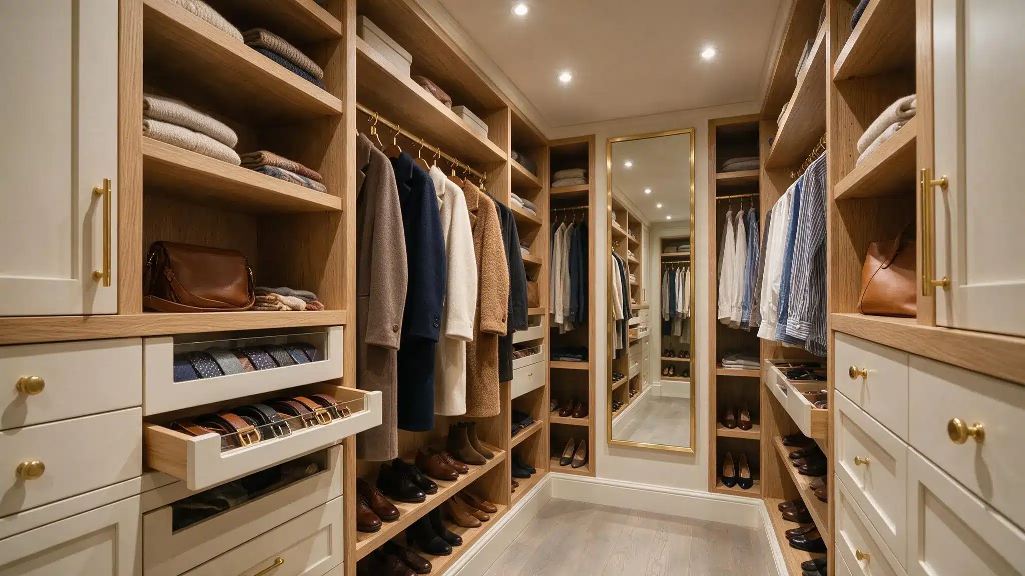 Small walk in closet with wood shelving white drawers hanging clothes shoe storage and a tall full length mirror