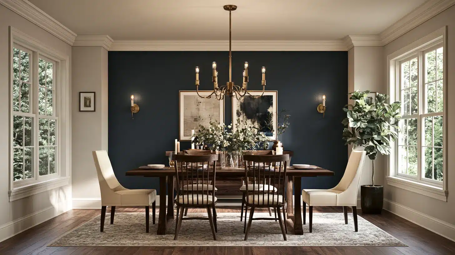 Dining room with a long wooden table, six chairs, chandelier, dark accent wall, artwork, plants, and large windows.