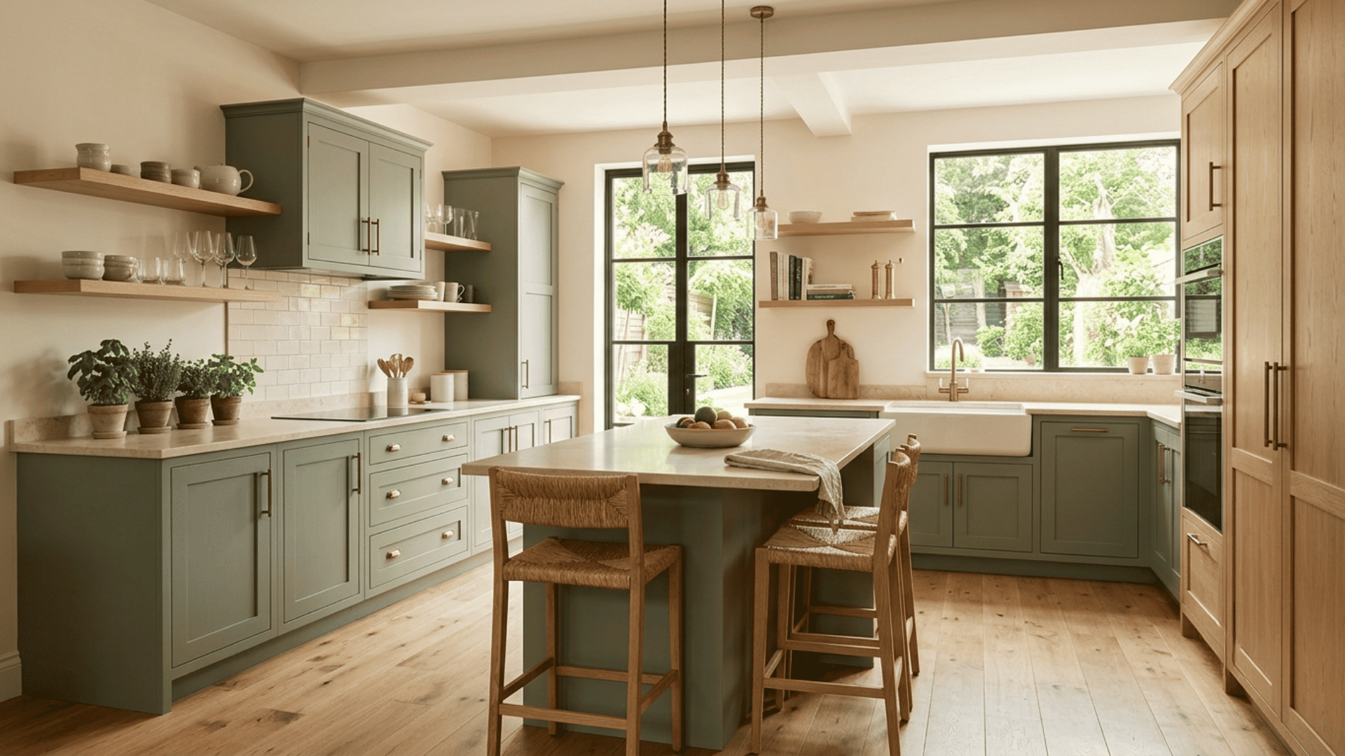 soft green kitchen with oak cabinets, central island, open shelves, and warm natural wood flooring