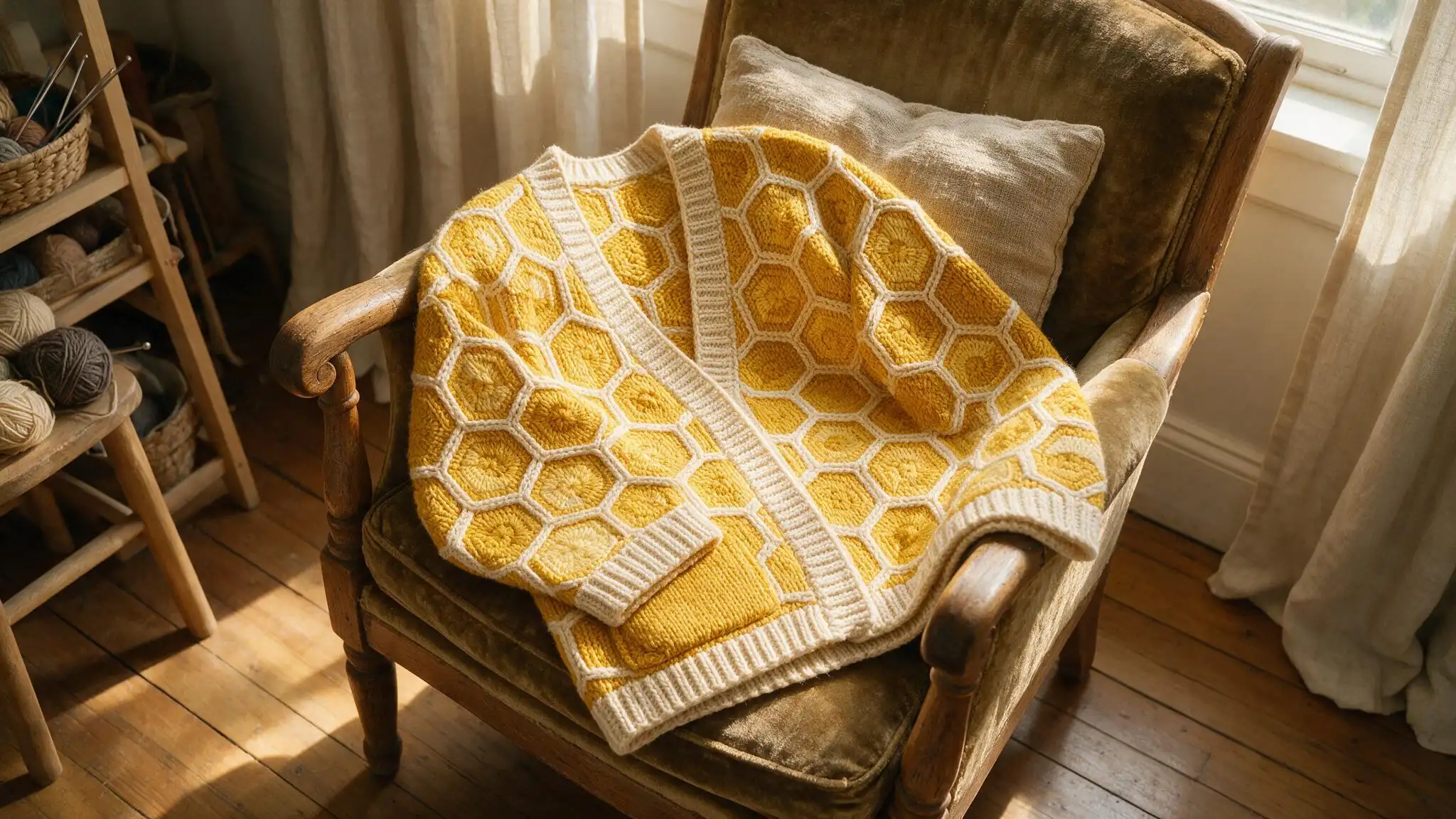 A cozy yellow hexagon cardigan crochet pattern rests on a chair, with soft light filtering in from a window in the background.
