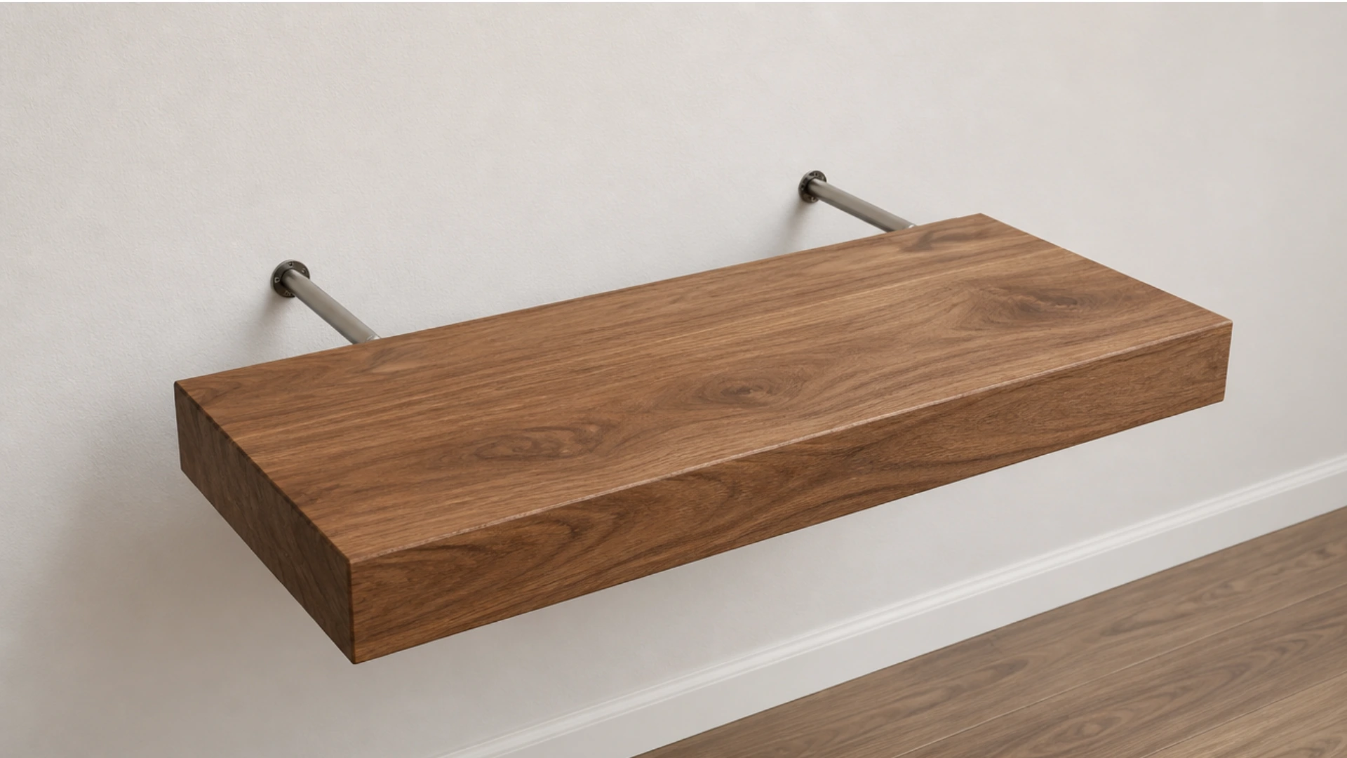 Thick solid wood shelf with matching drilled holes sliding onto concealed metal support rods.