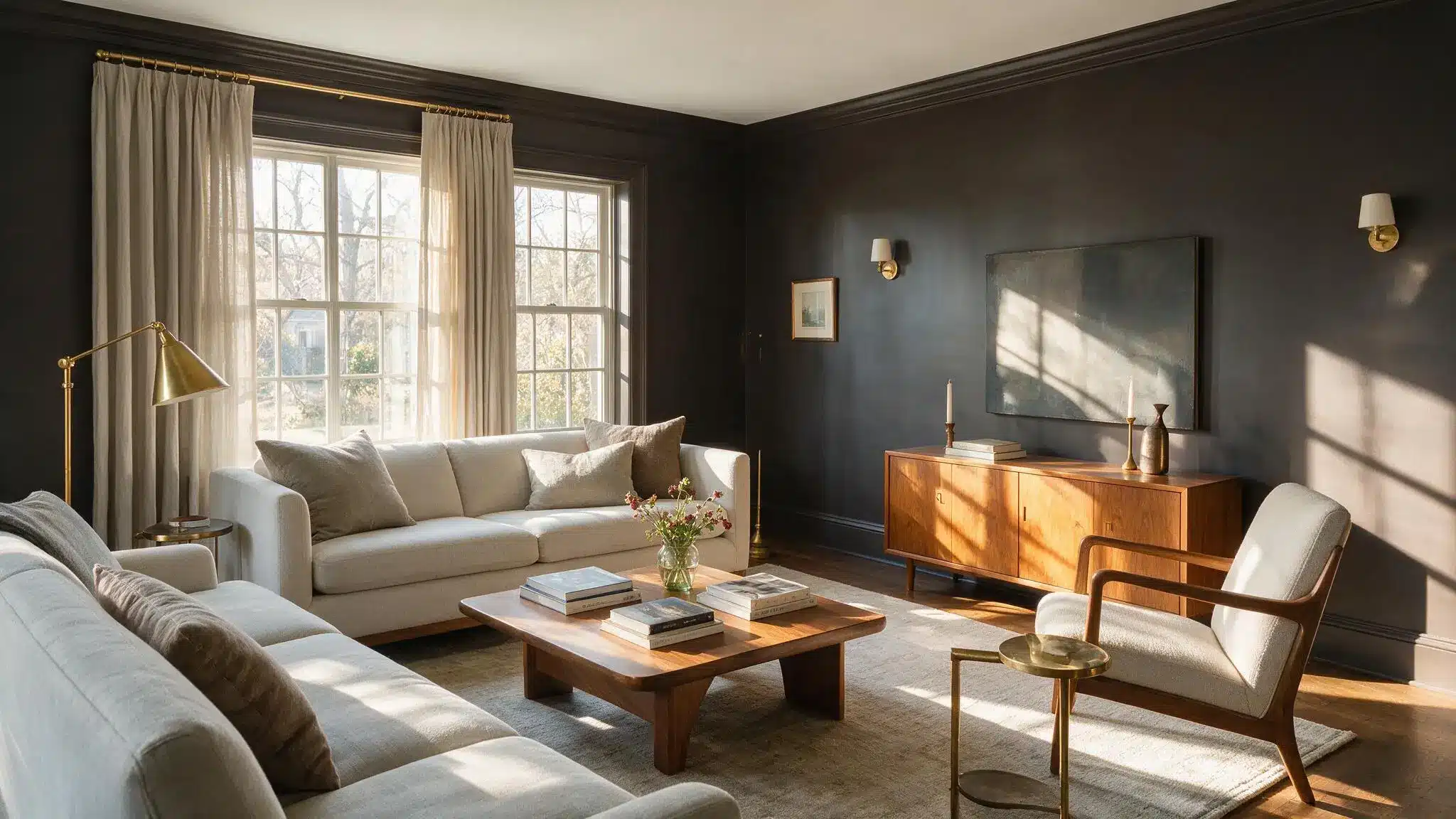 Contemporary living room with black walls and elegant white furniture, showcasing a bold and sophisticated aesthetic.