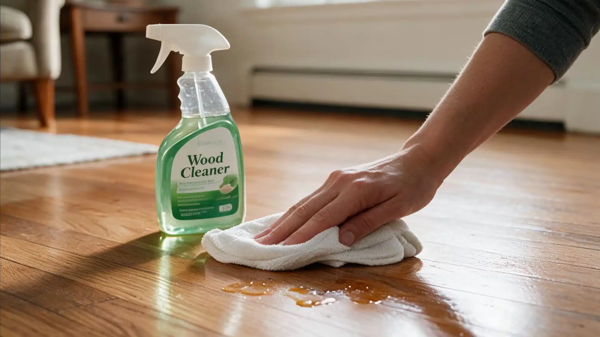 Hand wiping a small spill from a hardwood floor with cleaner and a microfiber cloth