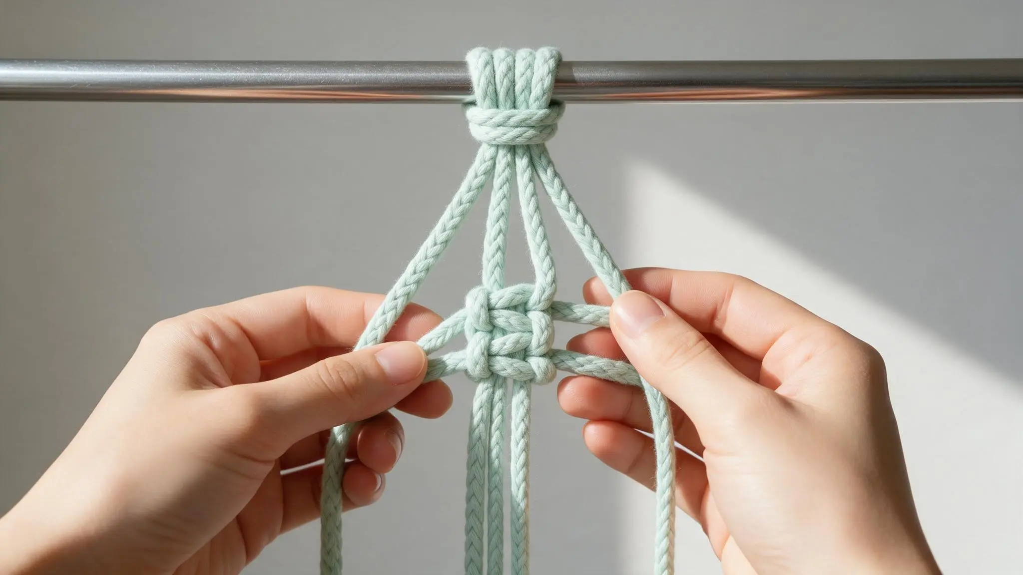 Hands tying a square knot with white rope on a wooden dowel
