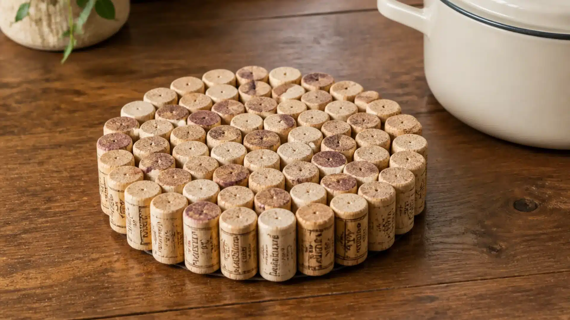 Round wine cork trivet placed on a rustic wooden table beside a white cooking pot.