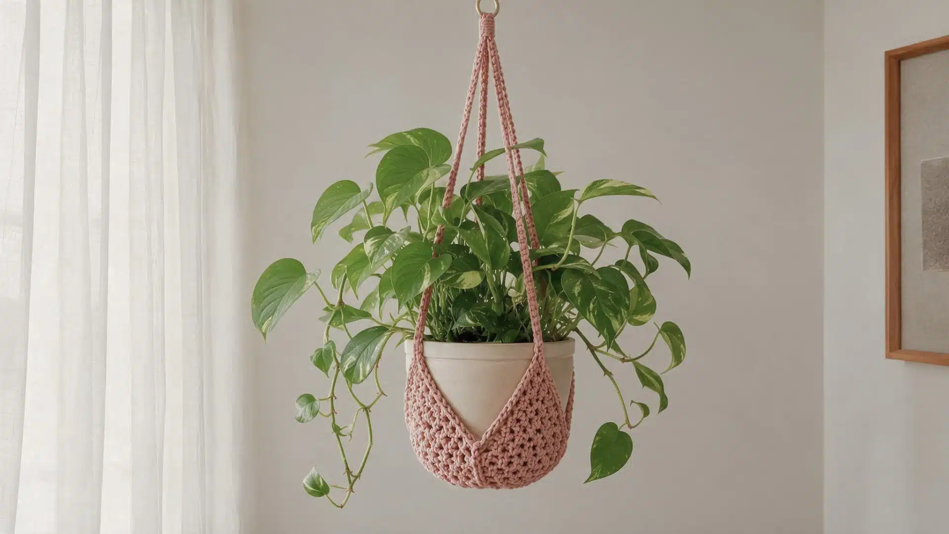 Pink star shaped crochet plant hanger holding a small green plant in a patterned ceramic pot