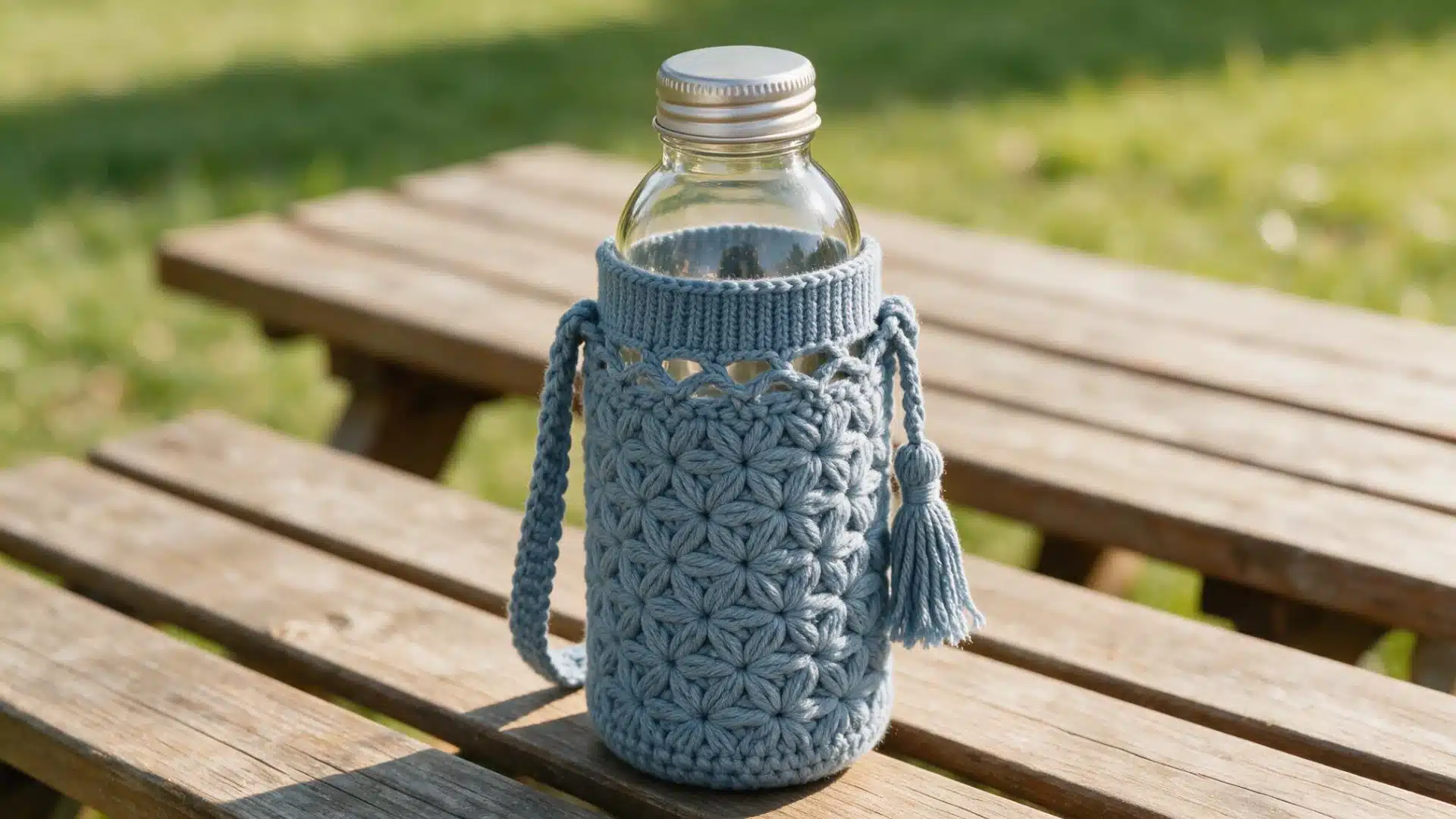 Blue star stitch <echighlighted><echighlighted>crochet water bottle holder</echighlighted></echighlighted> with braided strap and tassel on a wooden picnic table